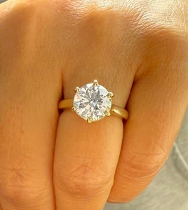 ROUND CUT MOISSANITE ENGAGEMENT RING SOLITAIRE PRONG 14K SOLID YELLOW GOLD 3.00 - Picture 1 of 14