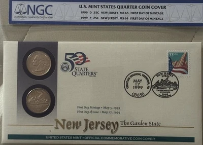 1999 P&D New Jersey Quarter Coin Cover NGC MS64/MS 65 FDOI - Image 1 of 2