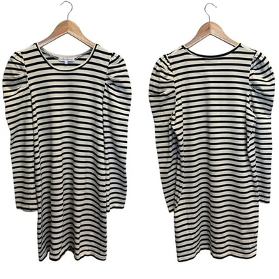 Rebecca Minkoff Talia Puff Sleeve Ivory Black Breton Stripe Dress Preppy Coastal - Image 1 of 4