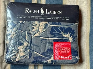 NEW Rare RALPH Lauren *QUEEN DEEP FITTED SHEET Donovan FLORAL Blue Cream FLOWERS - Picture 1 of 16