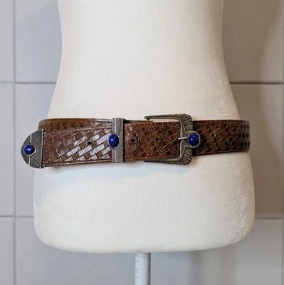 Cinturón Western Boho Vintage Unisex Años 70 Cuero Marrón Tooled Plata Azul Piedra Foto 1 de 4
