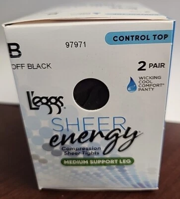Leggs Sheer Energy 2 Pair B Off BLACK, MEDIUM SUPPORT LEG, CONTROL TOP 97971 - Image 1 of 4