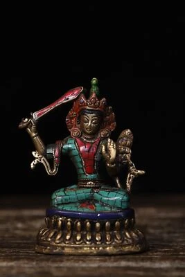 Antiguo templo tibetano turquesa cobre Manjusri bodhisattva Guan Yin Buda estatua Foto 1 de 4