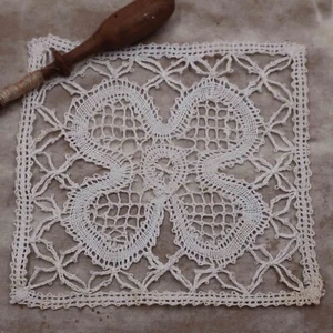 Lace Insert Handmade Bobbin Lace Vintage Square Applique Linen Belgium Antique - Picture 1 of 5