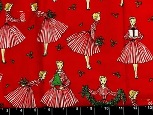 Tina Scrap 9"x21" Girl Holiday Hostess Retro Vintage Red Stripe Christmas Cotton - Picture 1 of 1