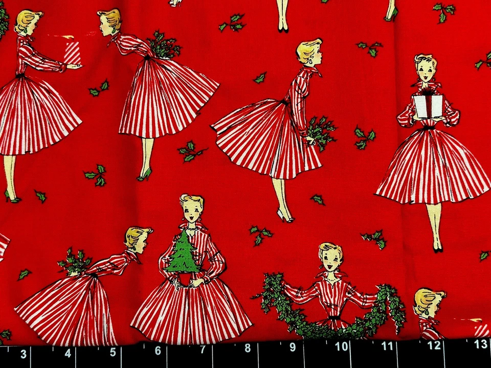 Tina Scrap 9"x21" Girl Holiday Hostess Retro Vintage Red Stripe Christmas Cotton - Image 1 of 1