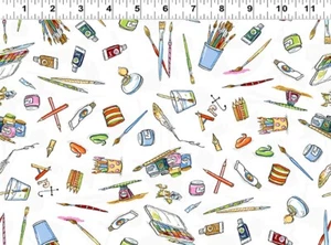 $7 Per Yard ART CLUB Supplies White Quilt Fabric by Anita Jeram / Clothworks - Picture 1 of 1