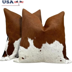 Pack of 2 Genuine Cowhide Leather Cushion Covers Farmhouse Decor Pillow Case New - Picture 1 of 7