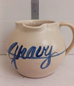 Farm house Stoneware/Pottery Gravy Serving Pitcher 20 oz Blue Line FREE SHIPPING - Picture 1 of 6
