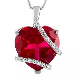 Heart Shape Ruby & Diamond Solid Sterling Silver Heart Pendant Chain Mothers Day - Picture 1 of 1