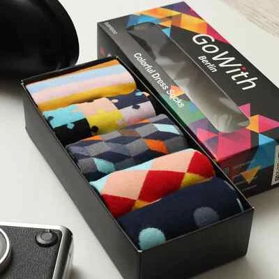 GOWITH Men's Bamboo Socks, Colourful happy socks, soft breathable gift box UK size 6-11