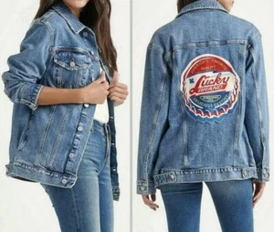 Chaqueta de camionero Lucky Brand Totally Lucky Boyfriend para mujer talla M logotipo de gran tamaño - Imagen 1 de 15