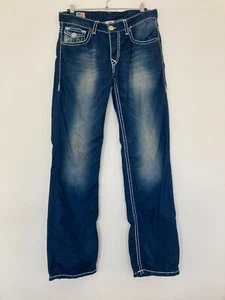 True Religion Bobby Super T Jeans Seat W33 L34 Blue White Stitching Button Fly - Picture 1 of 18