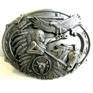 Vintage CHIEF EAGLE FEATHER Arroyo Grande Pewter Belt Buckle AG10 USA Native 80s - Picture 1 of 6