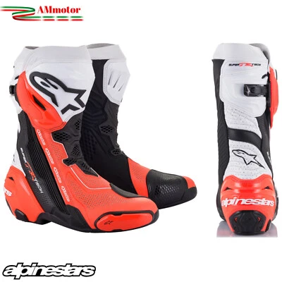 Alpinestars Supertech R Vented Neri Bianchi Rossi Fluo Stivale Moto Racing Pista - Immagine 1 di 4