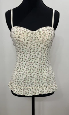 Винтажный женщин M 90-х годов Y2K камзол верхний бежевый цветочный милый резинке фея гранж - Изображение 1 из 4