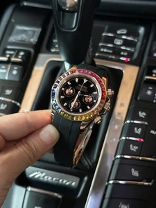 Seikmod Chronomaster Rainbow Bezel Black Dial Gold Case Rubber Strap Chrono - Picture 1 of 1