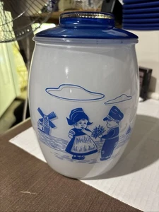 Vintage Bartlett Collins Milchglas mit Dutch Boy Girl blau Keksdose mit Deckel - Bild 1 von 6