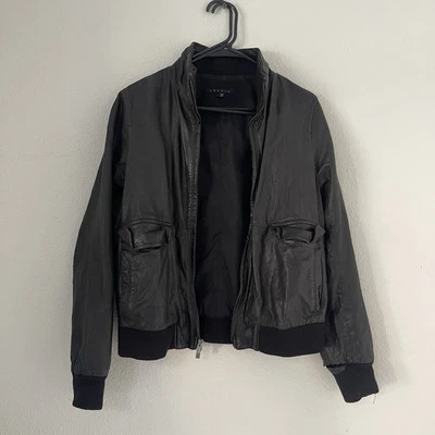 Theory Distressed 黑色皮革女式全拉链机车夹克大口袋 L 码 — 第 1/4 张图片