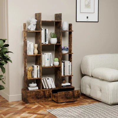 Industrial Bookshelf with 2 Drawers & 12 Shelves, Vintage Freestanding Bookcase - Image 1 of 4
