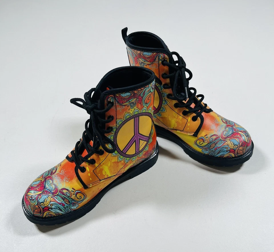 Peace Sign Combat Boots Size 5.5 EU 36 Orange Psychedelic Ankle Lace Up - Image 1 of 4
