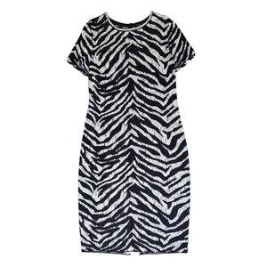 St John Zebra Jacquard Knit Sheath Dress Sz 12 Short Sleeve Chic Classic Event - Picture 1 of 23