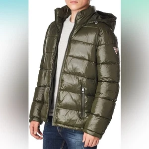 Guess Men's Hooded Puffer Coat Olive Military Green Sz Large Winter Skiing Snow - Picture 1 of 11
