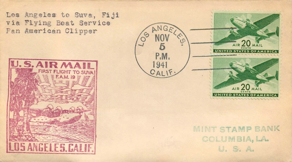 FIRST PAN-AM AIR MAIL FLIGHT FAM 19 VIA FLYING BOAT LOS ANGELES - SUVA FIJI 1941 - Image 1 of 2