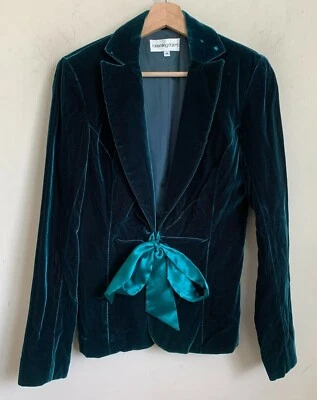 Bloomingdales Evening Jacket Green Velveteen Collared Hook Ribbon Tie Lined Sz 4 - Image 1 of 4