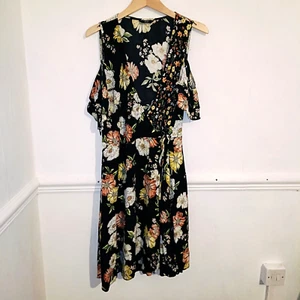 F&F Womens Dress Black Size UK 16 Dark Floral Faux Wrap White Cold Shoulder - Picture 1 of 10