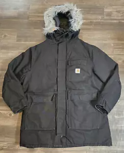 VTG Carhartt Coat Mens XL Black Hooded Arctic Fur Parka Quilt Lined CQ385 USA - Picture 1 of 11
