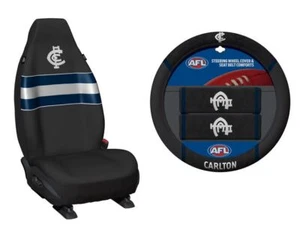 SET OF 2 CARLTON BLUES AFL FRONT CAR SEAT COVERS + STEERING WHEEL COVER - Picture 1 of 3