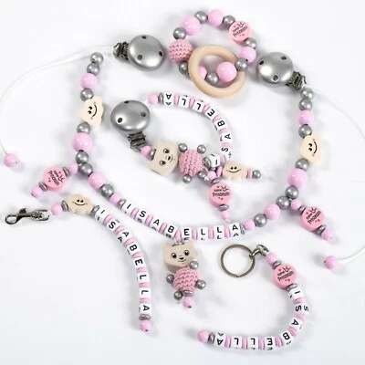 NELINO SCHNULLERKETTE MIT NAMEN SET Schnullerkette mit Namen für Mädchen rosa SET Baby♥Geburt♥Geschenk