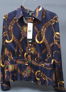 LAUREN RALPH LAUREN NAVY EQUESTRIAN Peplum Non-Iron 100% Cotton Shirt Sz 12P - Picture 1 of 3