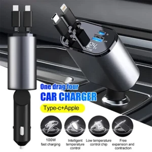 4 in 1 Retractable Car Charger USB C Fast Charging Adapter PD 100W W/ Dual Cable - Picture 1 of 17