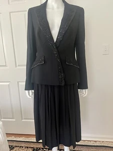 New ESCADA Black Sequin & Lace Jacket & Accordion Pleat Sheer Skirt Suit Sz 38 - Picture 1 of 12