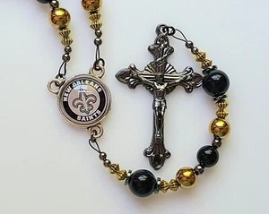 New Orleans Saints Rosary Necklace Football Gold Hematite Black Onyx Gemstones - Picture 1 of 11