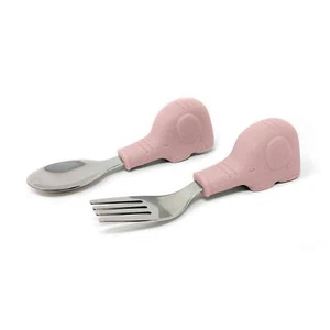 Tiny Twinkle - Silicone Stainless Training Utensils - Pink Elephant - Picture 1 of 7