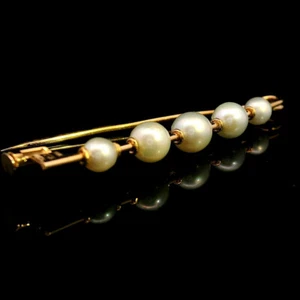 Vintage Style 18ct Gold Pearl Brooch – Handmade Bar Design with 5 White Pearls - Picture 1 of 14
