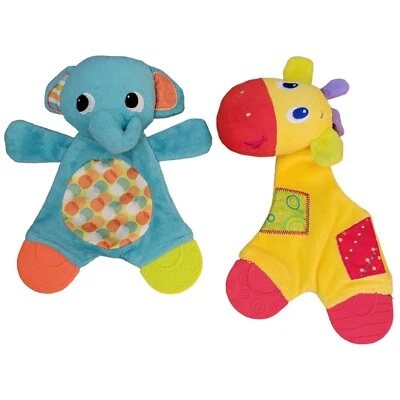 Mordedor de jirafa amarilla y elefante verde azulado Bright Starts Lovey juguetes arrugados  Foto 1 de 4