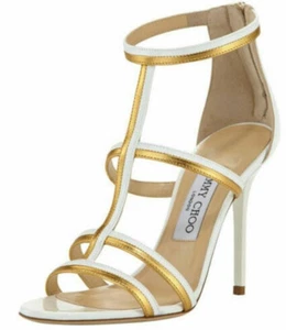 JIMMY CHOO Thistle Patent/Metallic Gladiator T-Strap White/Gold Sandals 37.5 US7 - Picture 1 of 13