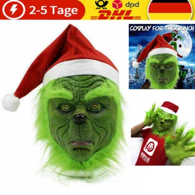 Horror Weihnachten Xmas der Grinch Latex Maske mit Perücken Mütze Cosplay Kostüm - Bild 1 von 4