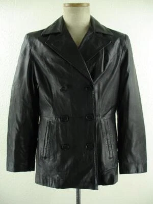 Women's M Kenneth Cole Black Double-Breasted Leather Jacket Trech Coat Vtg 1990s - Imagem 1 de 4