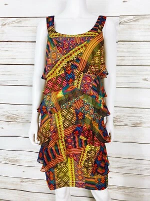 New Directions Womens Tiered Ruffle Dress Size 6 Multicolor Geometric Sleeveless - Image 1 of 4