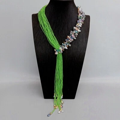 15 Rows Green Crystal Loop Long Asymmetric Necklace Lariat Necklace Jewelry - Image 1 of 4