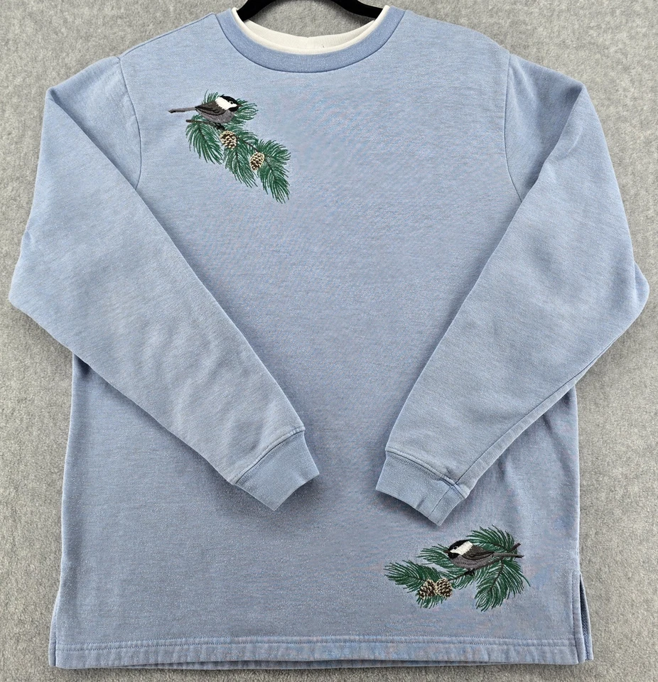 Vtg Blair Birds Sweatshirt Womens M Crew Embroidered Chickadees Blue Winter Y2K - Image 1 of 4