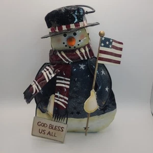 Patriotic God Bless Us All Snowman Tea Light Lantern Metal - Picture 1 of 18