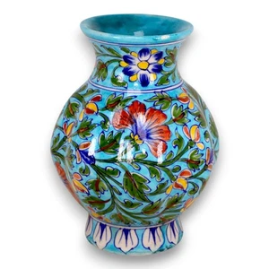 Jaipur Blue Floral Enamel Pottery Flower Vase 8" Vintage - Picture 1 of 6