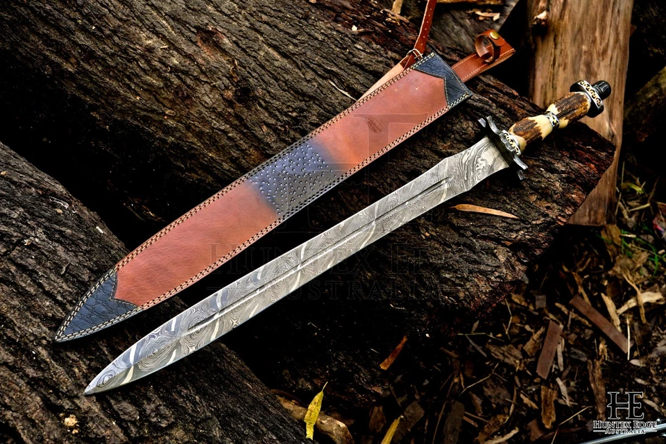 HUNTEX Handmade Damascus Blade,Deer Antler Hilt, 81 cm, Arming Viking ShortSword - Image 1 of 4