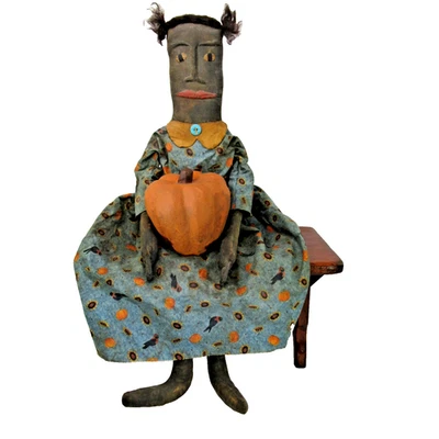 Primitive folk art cloth doll Halloween Fall w/ pumpkin artisan black 31" large - Image 1 of 4